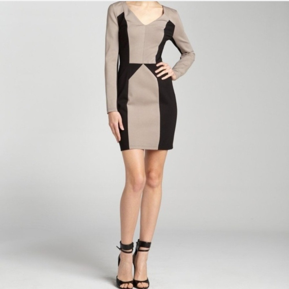 Rebecca Minkoff Womens Tan Black Geometric Colorblock Long‎ Sleeve Dress Size 2